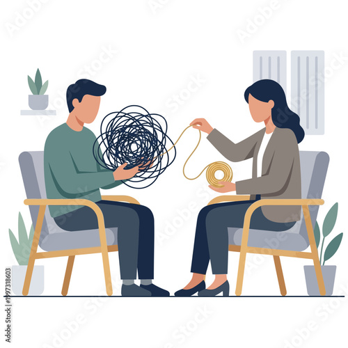 Therapy Session Concept with Counselor Helping Patient Untangle Thoughts Illustration