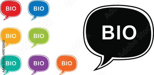 Bio Speech Bubble Icon Set with Colorful Chat Balloons and Text Label for Profile Description, Social Media, and User Interface Design