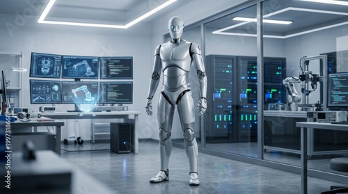 A humanoid robot standing in a high-tech laboratory with monitors and machinery