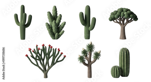 isolated cacti and desert trees illustrations on white background for design and education