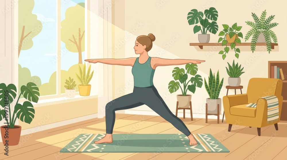 Fototapeta premium Woman performing yoga in a bright room with plants and sunlight streaming in