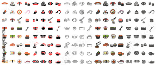 Sushi Roll Icon Set. Icons in various styles. Illustrations of Japanese dishes on a white background.