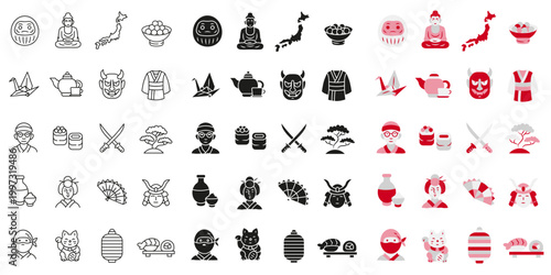 A set of icons featuring Japanese symbols in various styles for travel projects.