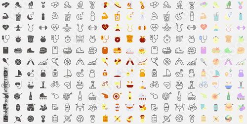 Healthy Lifestyle. Sports and Exercise. Health Icons in Various Styles.