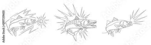 Set of line art vector designs showing predatory fish jumping out of the water with sharp teeth and splashing water motion effects.