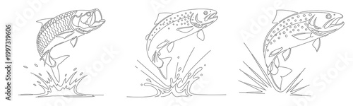 Graphic set of line art illustrations featuring large predatory fish jumping out of the water with dynamic splashes and motion lines.