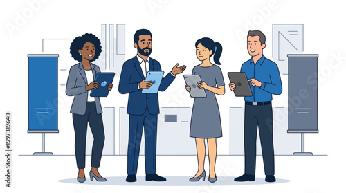 A diverse group of business professionals stands together in a modern office environment while discussing digital data on their tablets