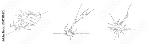 Continuous line drawing of catfish jumping and fishing hook splashing in water set isolated on white background for angling enthusiast.
