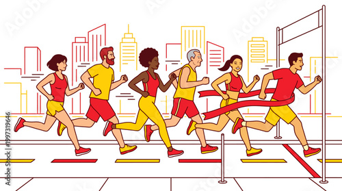 A group of diverse runners of different ages and backgrounds compete in a city marathon race toward the finish line