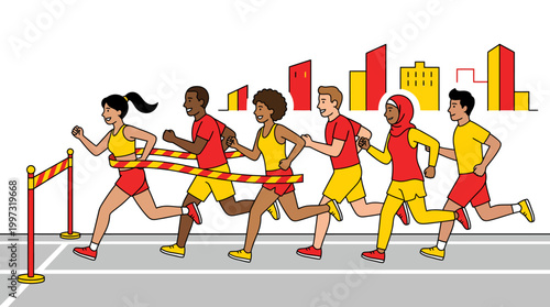 A diverse group of multiethnic athletes competes in a city marathon as a young woman crosses the finish line ribbon