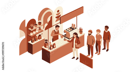 A professional barista serves a hot beverage to a smiling woman at a stylish coffee kiosk with customers waiting in a queue