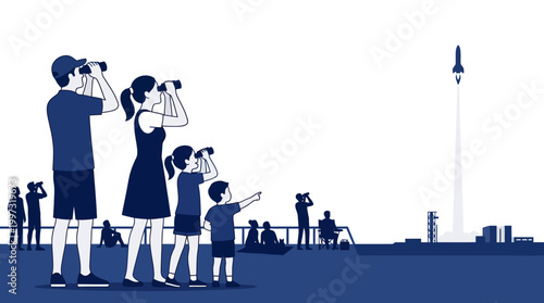 A family and a crowd of people watch a rocket launch into space from an observation deck using binoculars