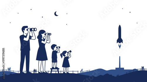 A family stands on a grassy hill using binoculars to watch a space rocket launch into the starry night sky