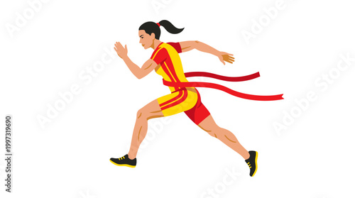 A female athlete in a yellow and red tracksuit crosses the finish line ribbon during a competitive race on a white background