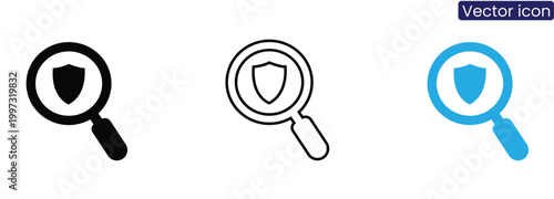 Magnifying glass with shield icon set on white background for security and protection concepts