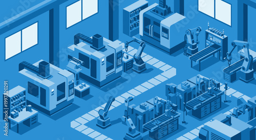 Isometric illustration of a modern automated factory floor with robotic arms, CNC machines, and conveyor belts in a blue monochromatic style.