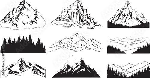 Black and white of mountain peaks and forests with wave patterns mountain silhouettes mountain range