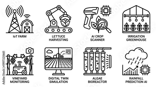 Modern agriculture and technology icons illustrating farming and innovation