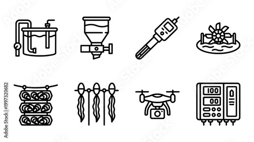 Aquaculture equipment icons fish farming systems and technology illustration