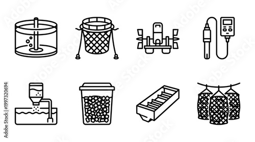 Aquaculture equipment vector illustration fish farming tools and devices