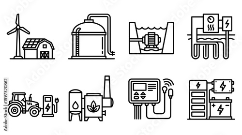 Clean energy icons renewable power sources and sustainable technologies