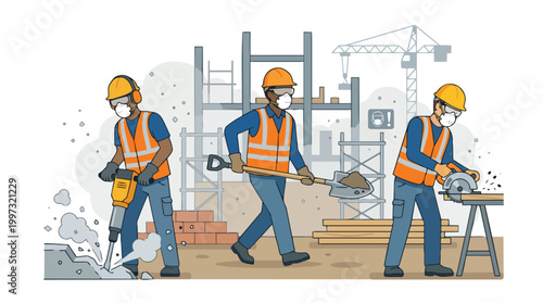 Construction Workers Team Performing Various Tasks at Building Site Vector Illustration