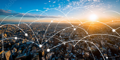 Digital transformation trends in urban connectivity cityscape infographic sunset view future concepts