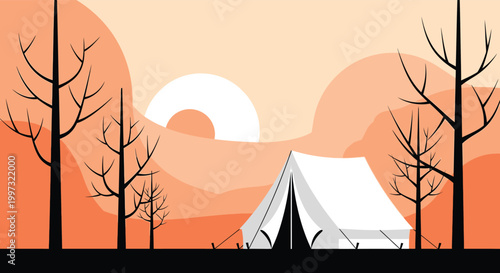 Serene camping scene tent silhouette against a vibrant sunset landscape