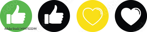 Like and Love Icon Set with Thumbs Up and Heart Symbols for Social Media Reactions, User Feedback, and Mobile App Interface Design