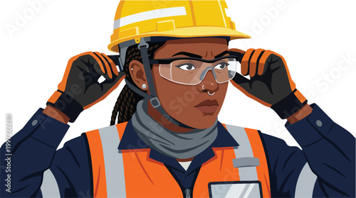 Focused Female Construction Worker Putting on Safety Glasses and Hard Hat Industrial Professional Ready for Work