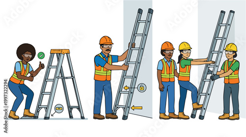 Ladder Safety Training Illustration Diverse Workers Industrial Setting Proper Use and Setup Guidelines