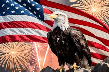 bald eagle perched on rock with american flag and fireworks backdrop high-quality professional detailed modern