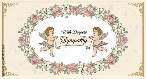 Elegant vintage sympathy card with cherubs, floral wreath, and 'With Deepest Sympathy' message on a decorative background.