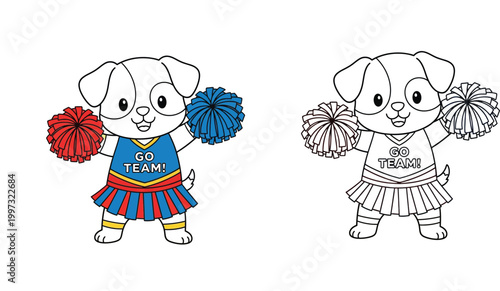 Cute Puppy Cheerleader Mascot Character Holding Pom-poms with Colored and Line Art Coloring Page Version for Kids Sport Spirit and School Team Support Vector Illustration