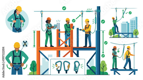 Construction Safety Illustration Workers Harnesses Fall Protection Equipment Industrial Scene Vector Graphic