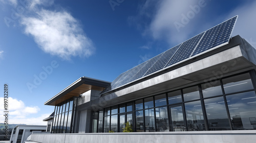 Ground-level wide shot of a contemporary business facility, concrete and dark glass exterior, large array of polycrystalline solar panels visible on the flat rooftop above, midday