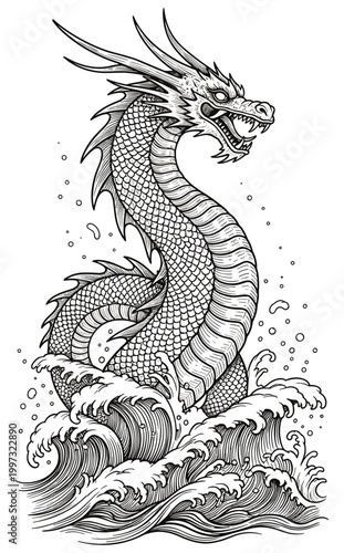 Asian Sea Dragon Rising from Ocean Waves — Black and White Line Art Illustration