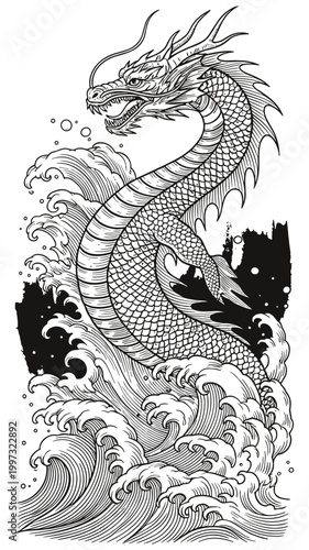 Japanese Sea Dragon Emerging from Stormy Waves — Bold Ink Illustration with Dark Background