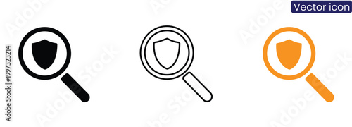 Magnifying glass with shield icon set on white background for security and protection concepts