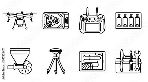 Drone equipment set illustration remote control camera batteries tablet