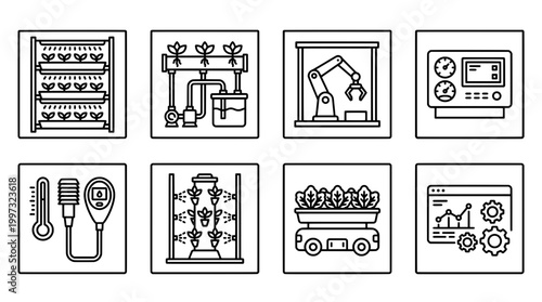 Hydroponic farming icon set illustrating cultivation technology processes
