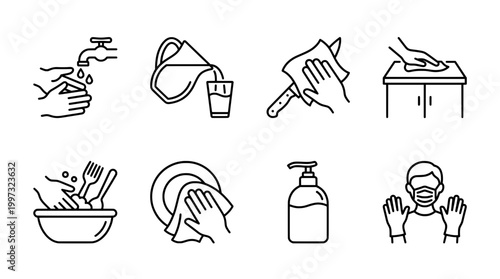 Hygiene and safety icons washing hands cleaning surfaces and wearing protection