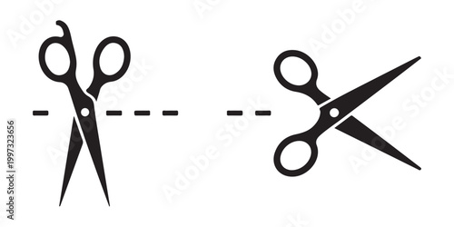 Two scissors cutting dashed line isolated on transparent checkered background vector illustration.