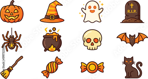 Halloween icons set including pumpkin, witch hat, ghost, tombstone, spider, cauldron, skull, bat, broom, candy, and cat isolated on white background