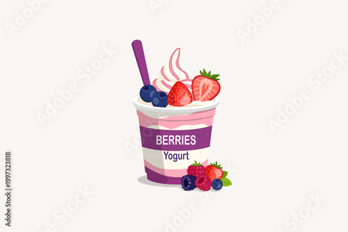 Strawberry Frozen Yogurt Cup with Fresh Berries and Pink Swirl