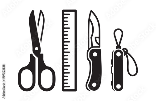 Set of silhouettes including scissors ruler folding knife and multitool for various utility needs.