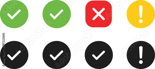 Status Indicator Icons Set with Check Marks, Cross, and Warning Symbols in Colored Circles for User Interface Feedback, Alerts, and Validation Design