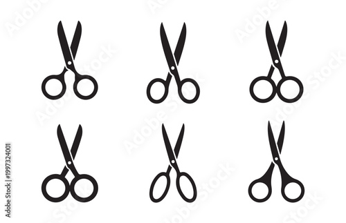 Six black silhouette icons of scissors in different open and closed positions.