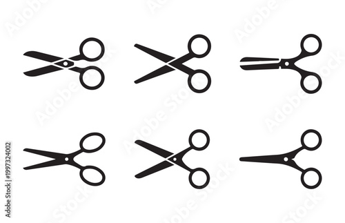 Six stylized black scissor icons in different poses on checkered background.