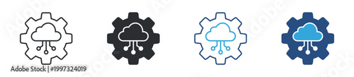 Cloud computing settings icon set. Gear and cloud network symbol. Data processing and cloud system icons, vector illustration.